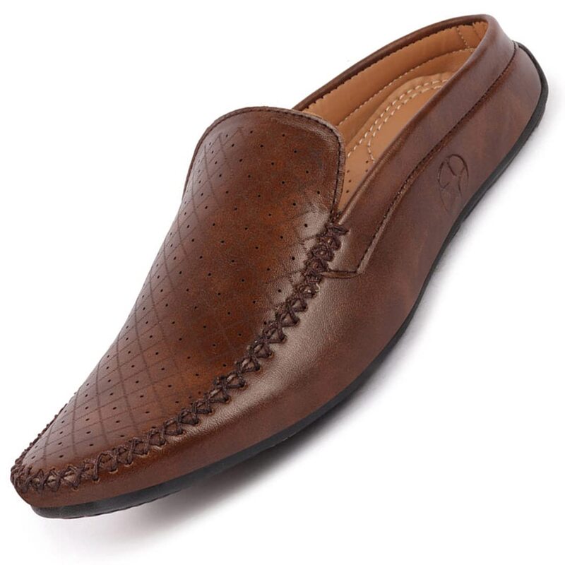 FAUSTO FST FOSME-2027 BROWN-43 Men's Brown Stitched Block Pattern Back Open Slip On Loafer Shoes (9 UK)